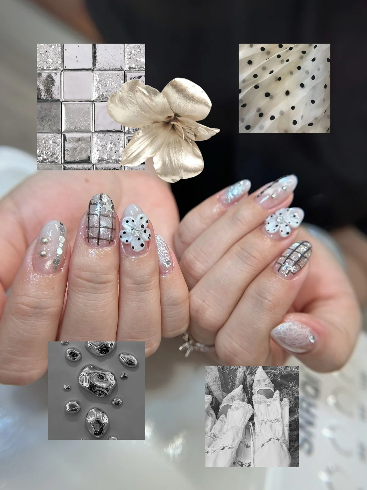 Mẫu nail hoa văn trắng bạc lấp lánh dự tiệc - NAIL BY THẢO Tân Phú & Tân Bình