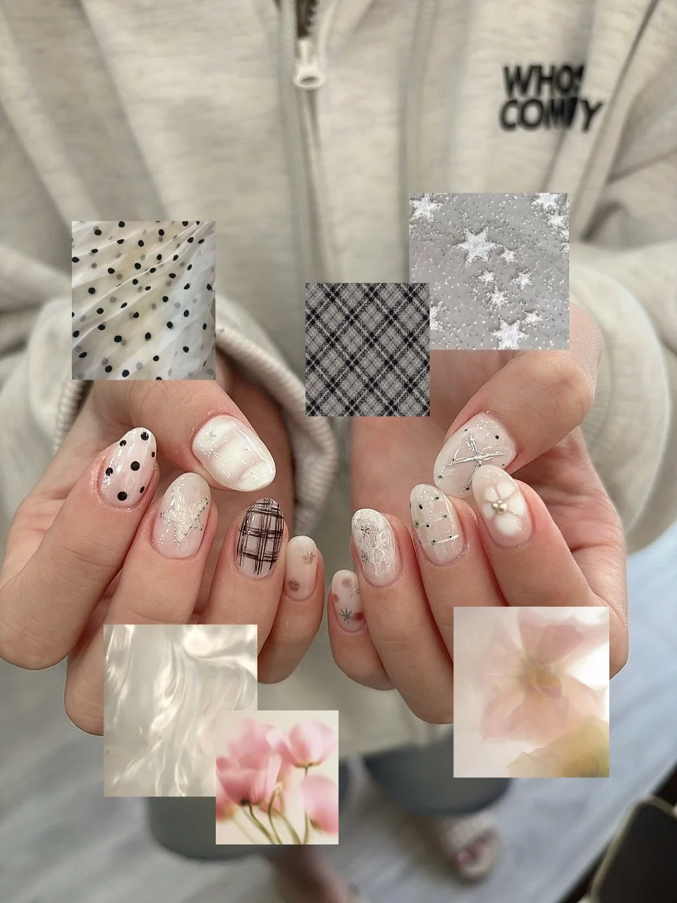 Mẫu nail chấm bi kẻ caro đính ngọc trai trắng - NAIL BY THẢO Tân Phú & Tân Bình