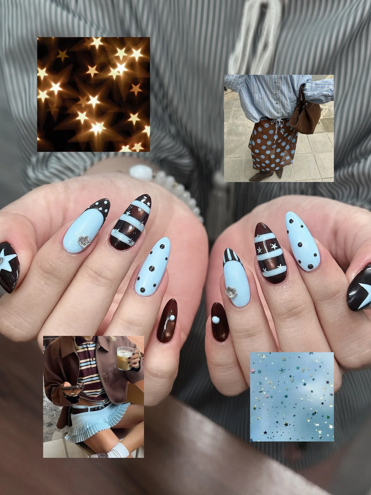 Mẫu nail kẻ sọc sao xanh nâu - NAIL BY THẢO Tân Phú & Tân Bình