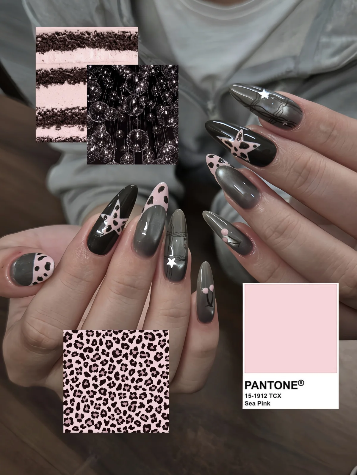 Mẫu nail báo gấm hồng xám - NAIL BY THẢO Tân Phú & Tân Bình