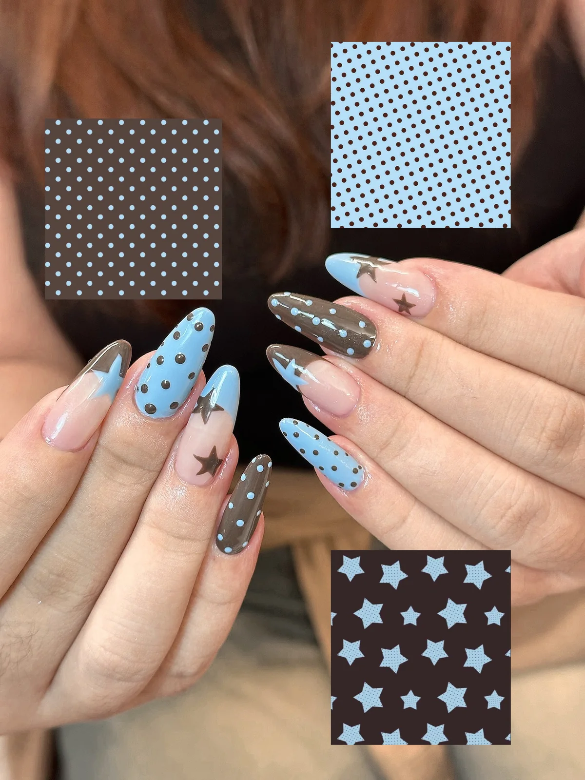 Mẫu nail chấm bi sao xanh nâu - NAIL BY THẢO Tân Phú & Tân Bình