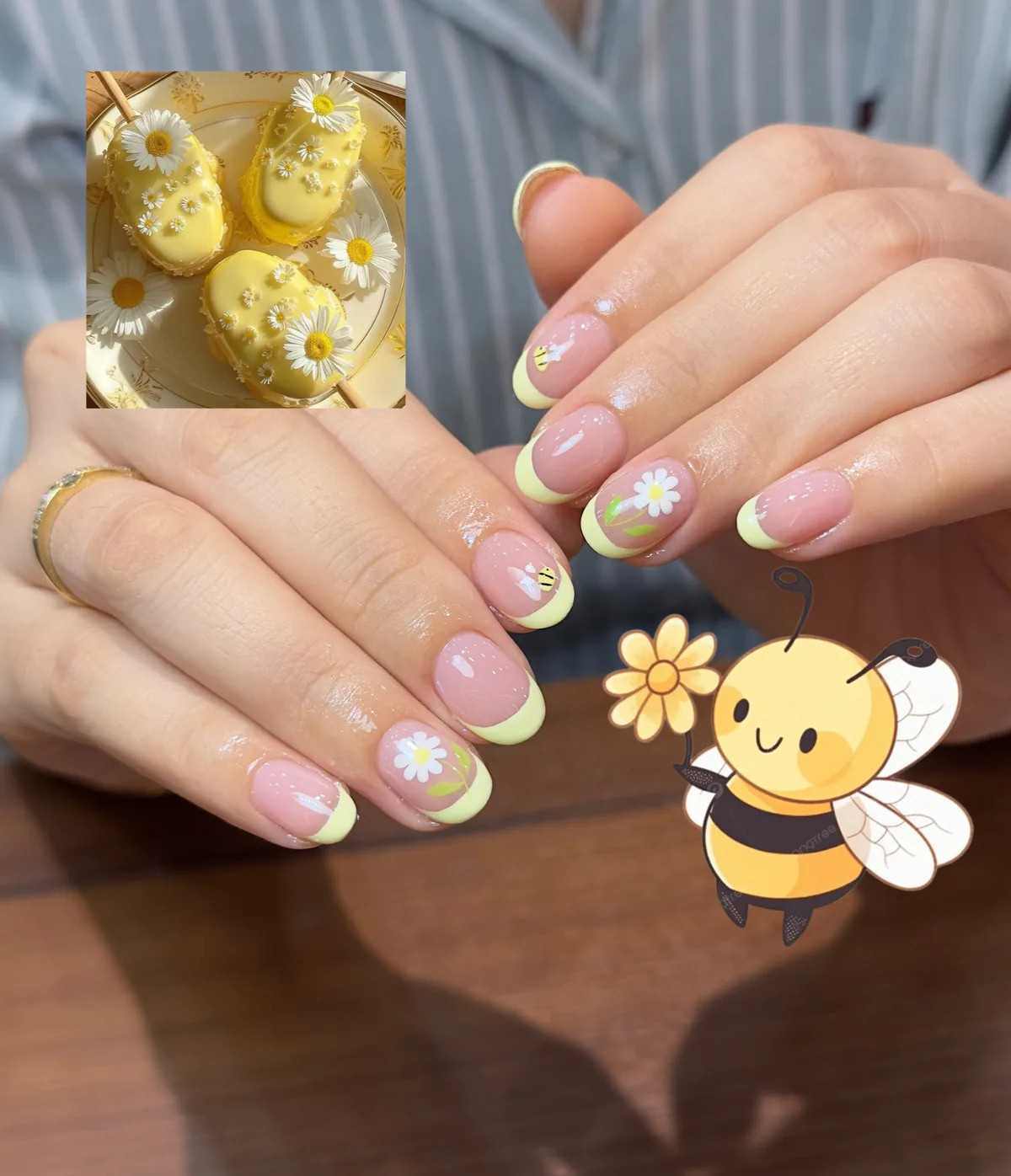 Mẫu nail hoa cúc vàng pastel họa tiết ong French tip - NAIL BY THẢO Tân Phú & Tân Bình