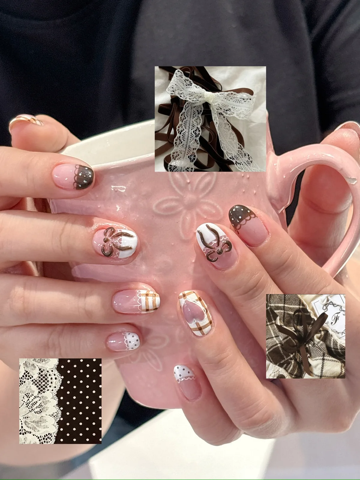 Mẫu nail nơ ren nâu trắng chấm bi - NAIL BY THẢO Tân Phú & Tân Bình