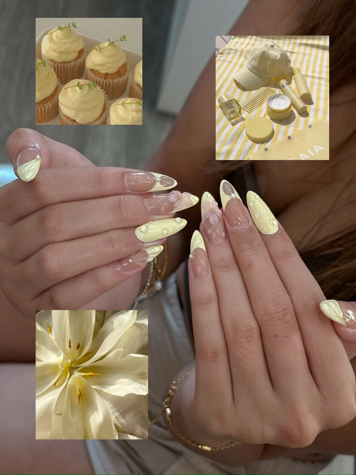 Mẫu nail hoa 3D vàng pastel đính ngọc trai - NAIL BY THẢO Tân Phú & Tân Bình