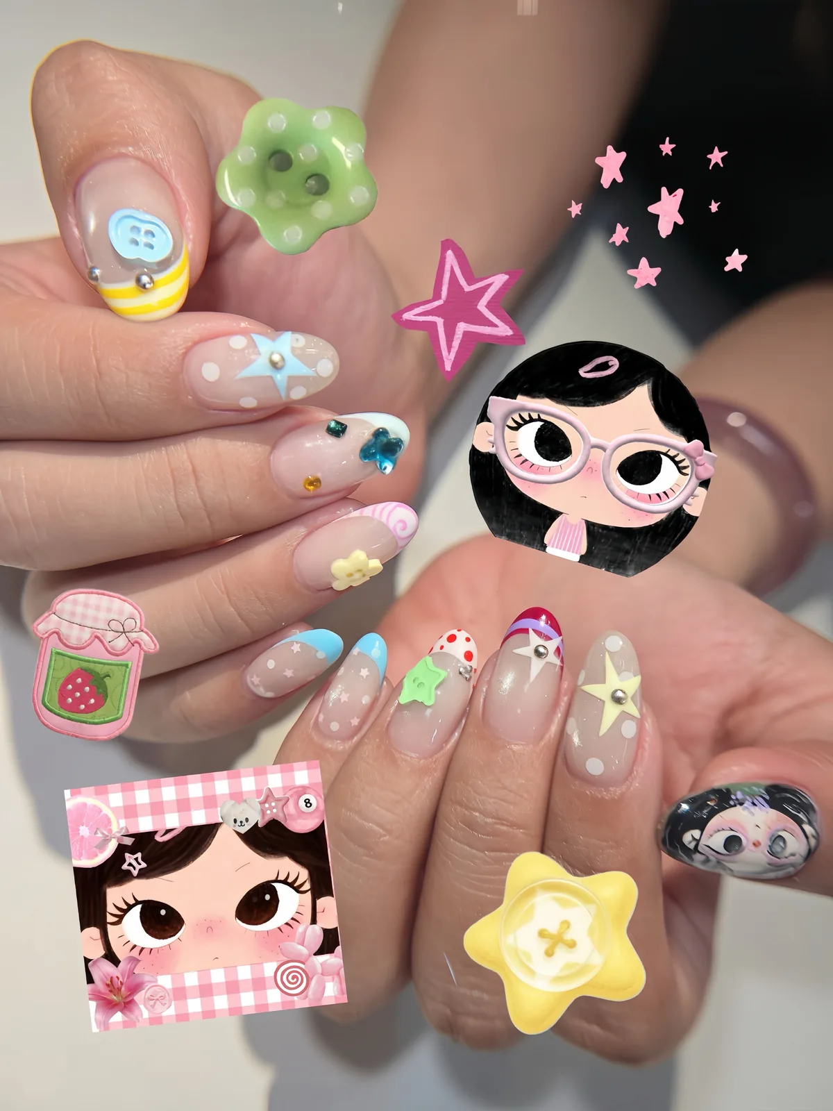 Mẫu nail charm nút áo pastel nhiều màu - NAIL BY THẢO Tân Phú & Tân Bình