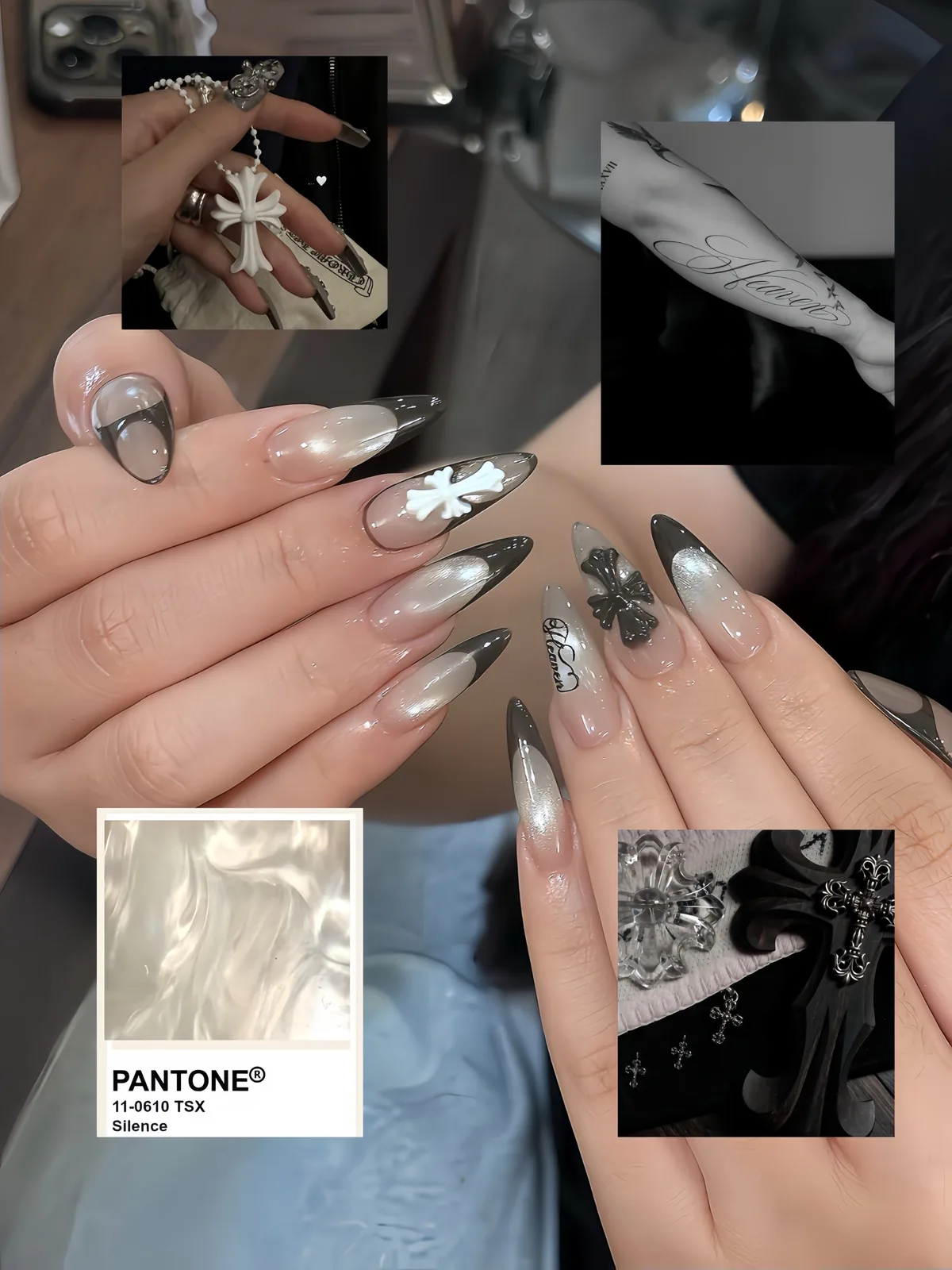 Mẫu nail chrome đen trắng thánh giá phong cách gothic - NAIL BY THẢO Tân Phú & Tân Bình