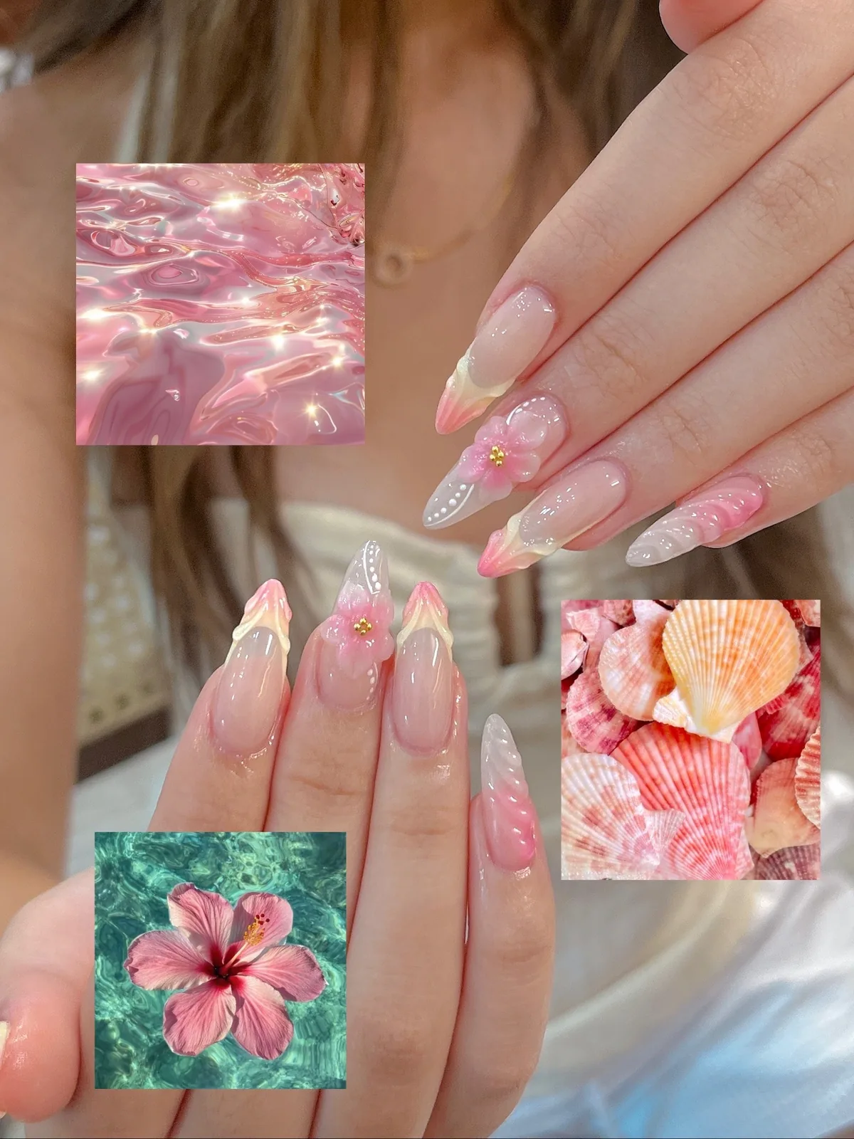 Mẫu nail hoa 3D hồng vỏ sò lấp lánh - NAIL BY THẢO Tân Phú & Tân Bình