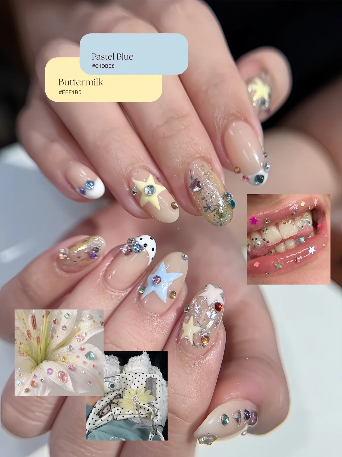 Mẫu nail sao charm pastel xanh vàng đính đá - NAIL BY THẢO Tân Phú & Tân Bình