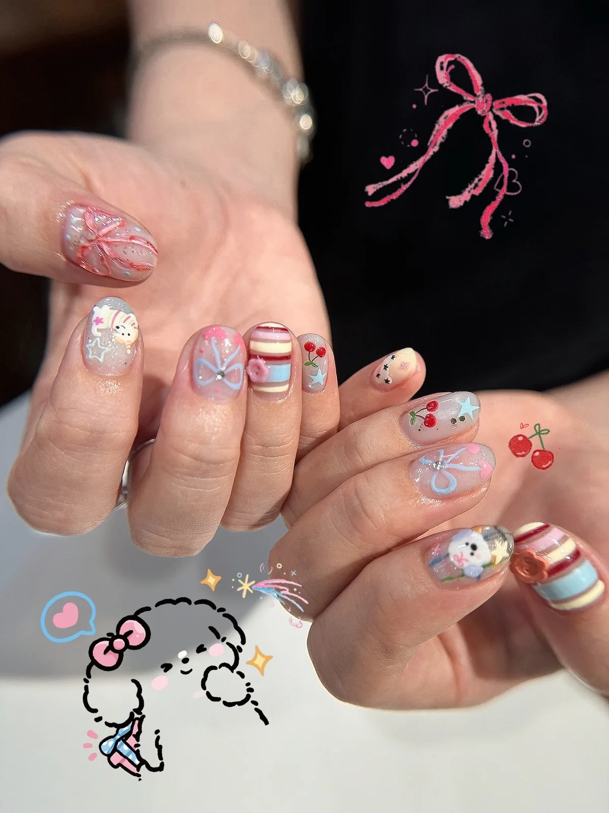 Mẫu nail nơ anh đào kẹo sọc dễ thương - NAIL BY THẢO Tân Phú & Tân Bình