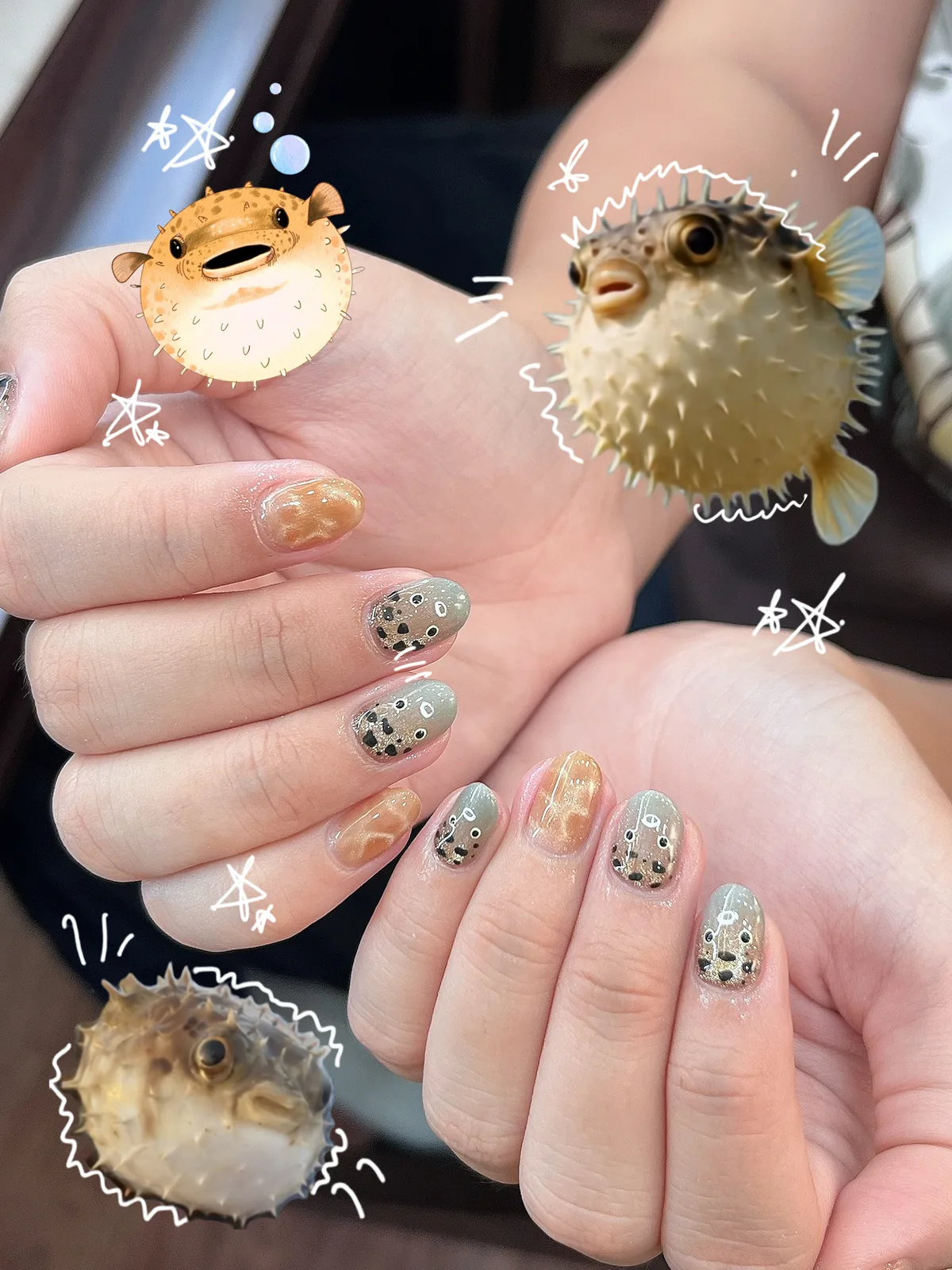 Mẫu nail nâu xám chấm bi ánh kim phong cách cá nóc - NAIL BY THẢO Tân Phú & Tân Bình