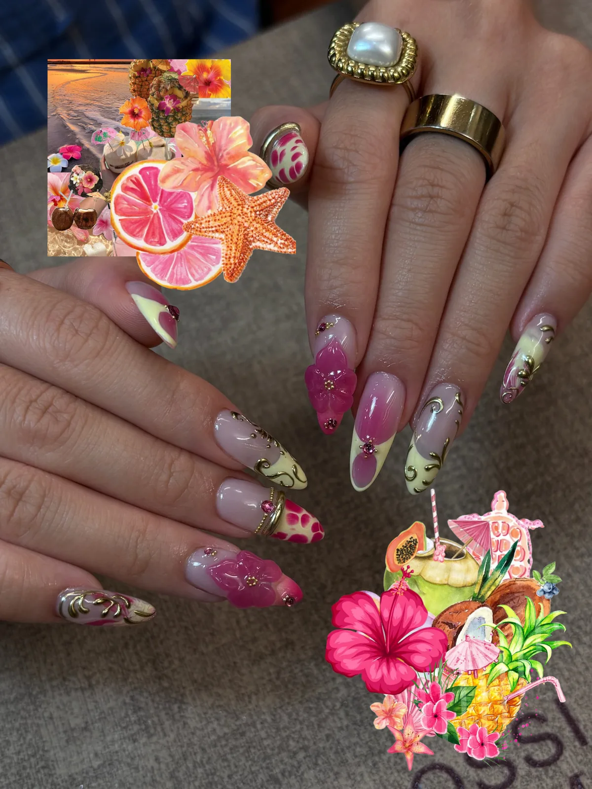 Mẫu nail nhiệt đới Hawaii hoa đắp 3D ánh kim - NAIL BY THẢO Tân Phú & Tân Bình