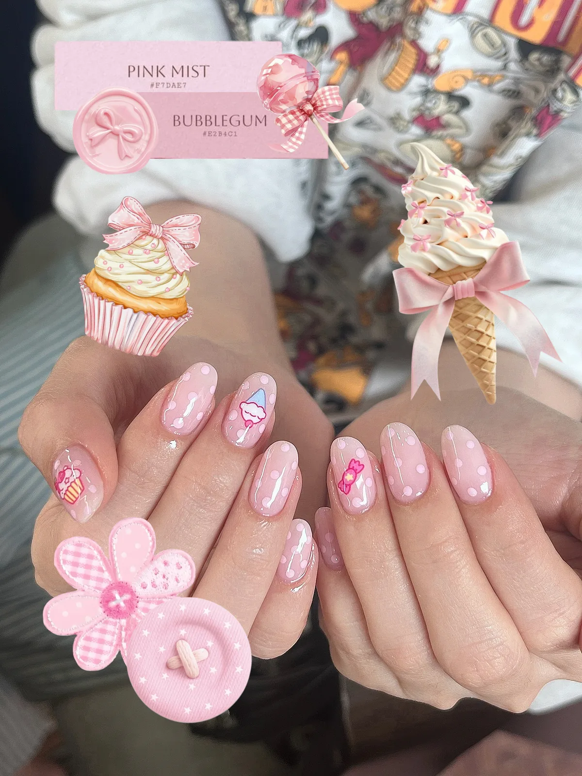 Mẫu nail Y2K hồng pastel chấm bi kẹo kem - NAIL BY THẢO Tân Phú & Tân Bình