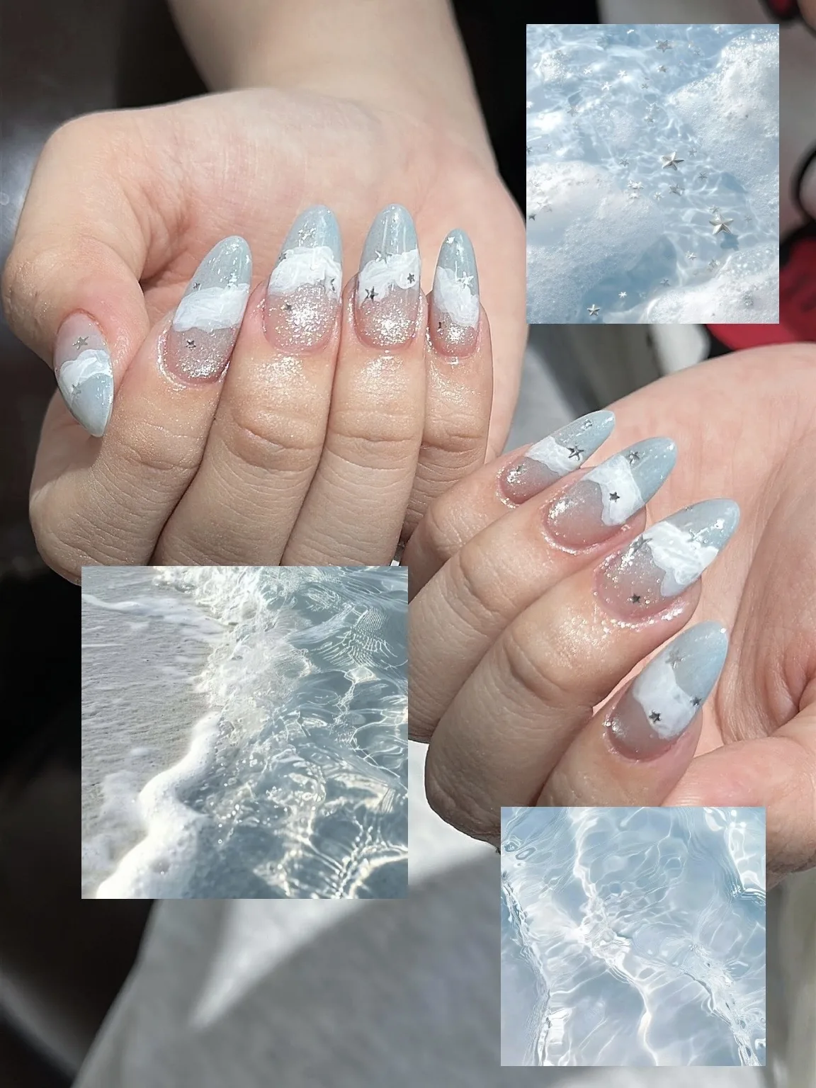 Mẫu nail xanh trắng vệt mây sóng biển đính sao bạc - NAIL BY THẢO Tân Phú & Tân Bình