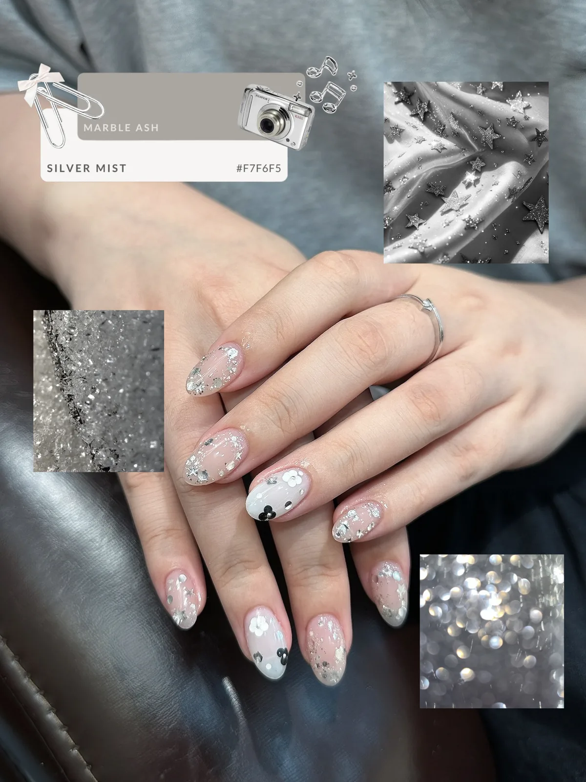 Mẫu nail bạc marble hoa chấm bi ánh kim - NAIL BY THẢO Tân Phú & Tân Bình