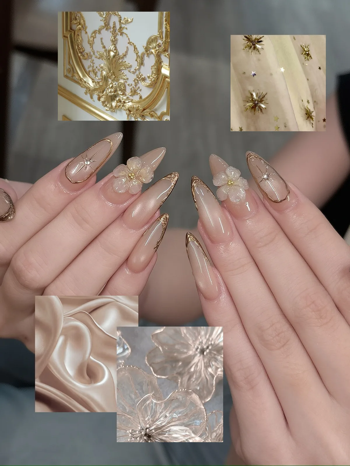 Mẫu nail vàng gold hoa 3D charm sao - NAIL BY THẢO Tân Phú & Tân Bình