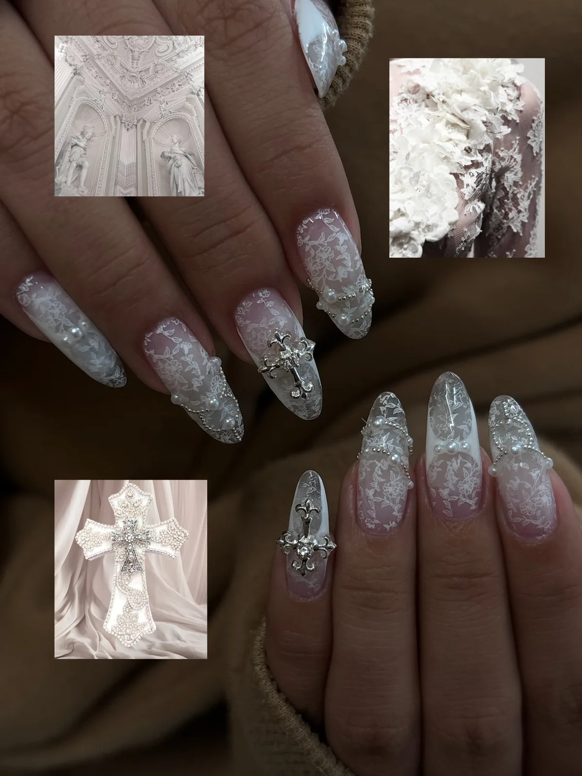 Mẫu nail ren trắng thánh giá đính ngọc trai - NAIL BY THẢO Tân Phú & Tân Bình