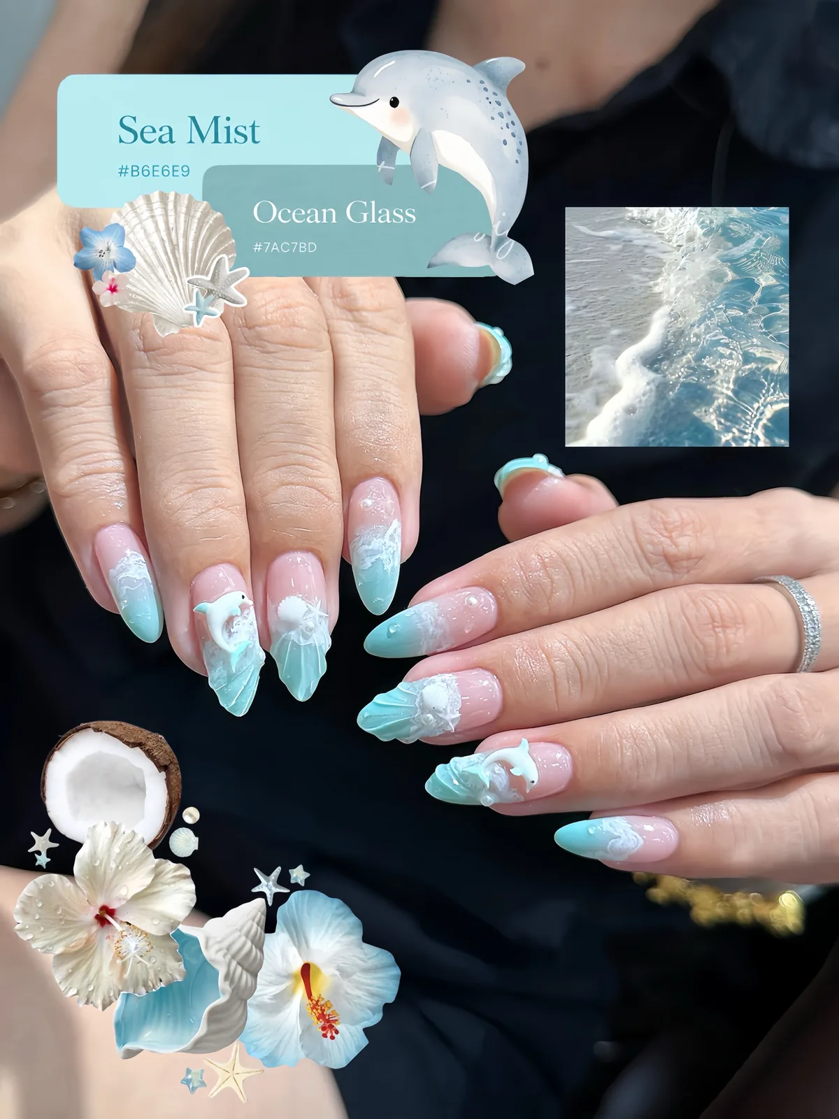 Mẫu nail xanh biển cá heo vỏ sò 3D - NAIL BY THẢO Tân Phú & Tân Bình