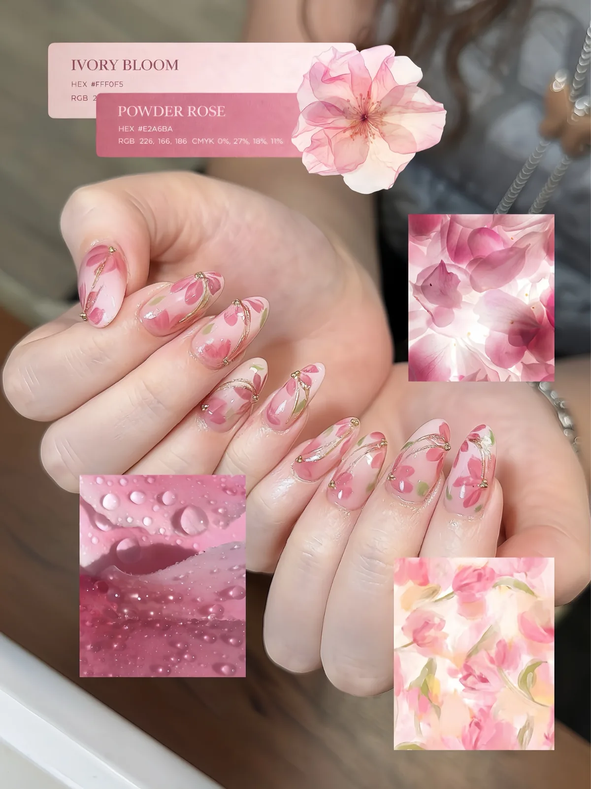 Mẫu nail hồng họa tiết hoa dây vàng anh đào - NAIL BY THẢO Tân Phú & Tân Bình