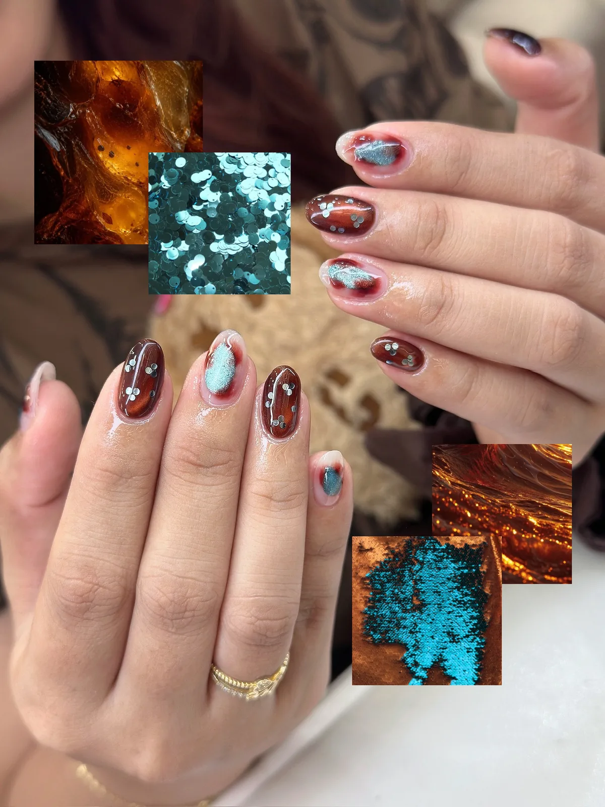 Mẫu nail nâu đỏ phối xanh ngọc ánh kim phong cách mùa thu - NAIL BY THẢO Tân Phú & Tân Bình