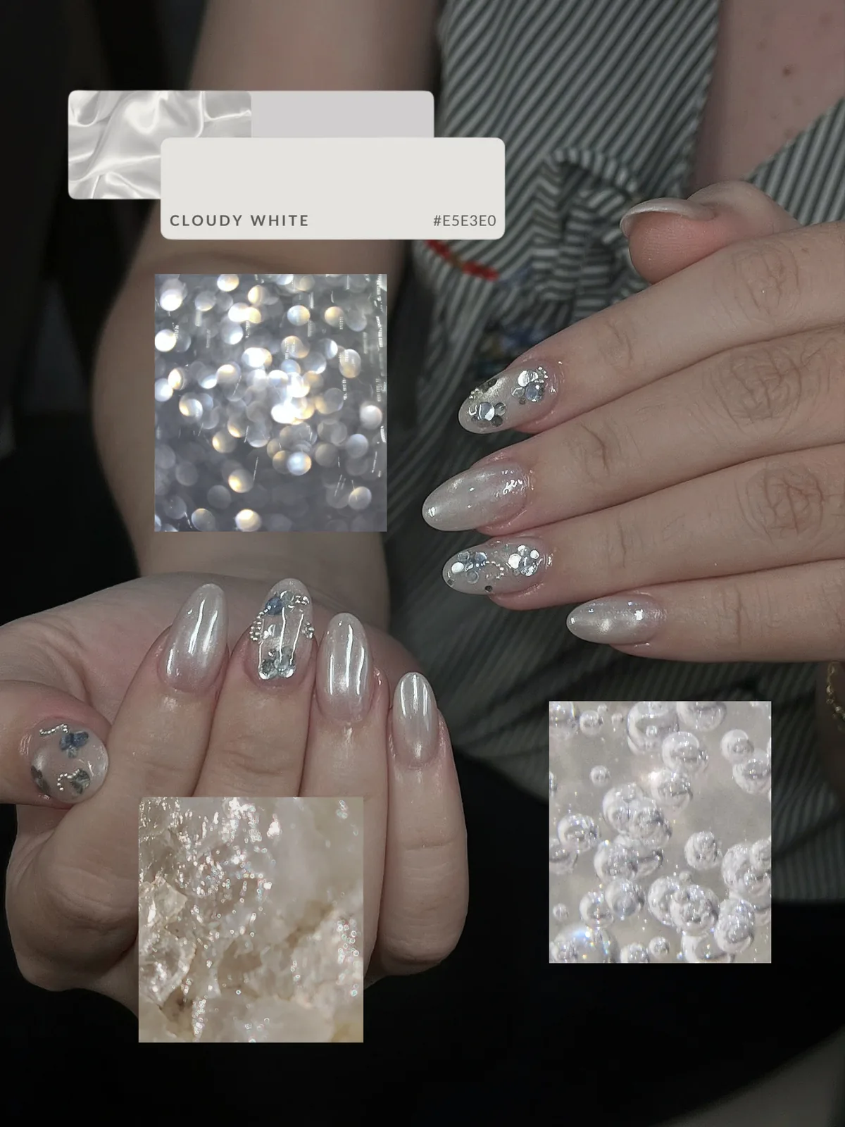 Mẫu nail trắng bạc Cloudy White đính đá lấp lánh - NAIL BY THẢO Tân Phú & Tân Bình