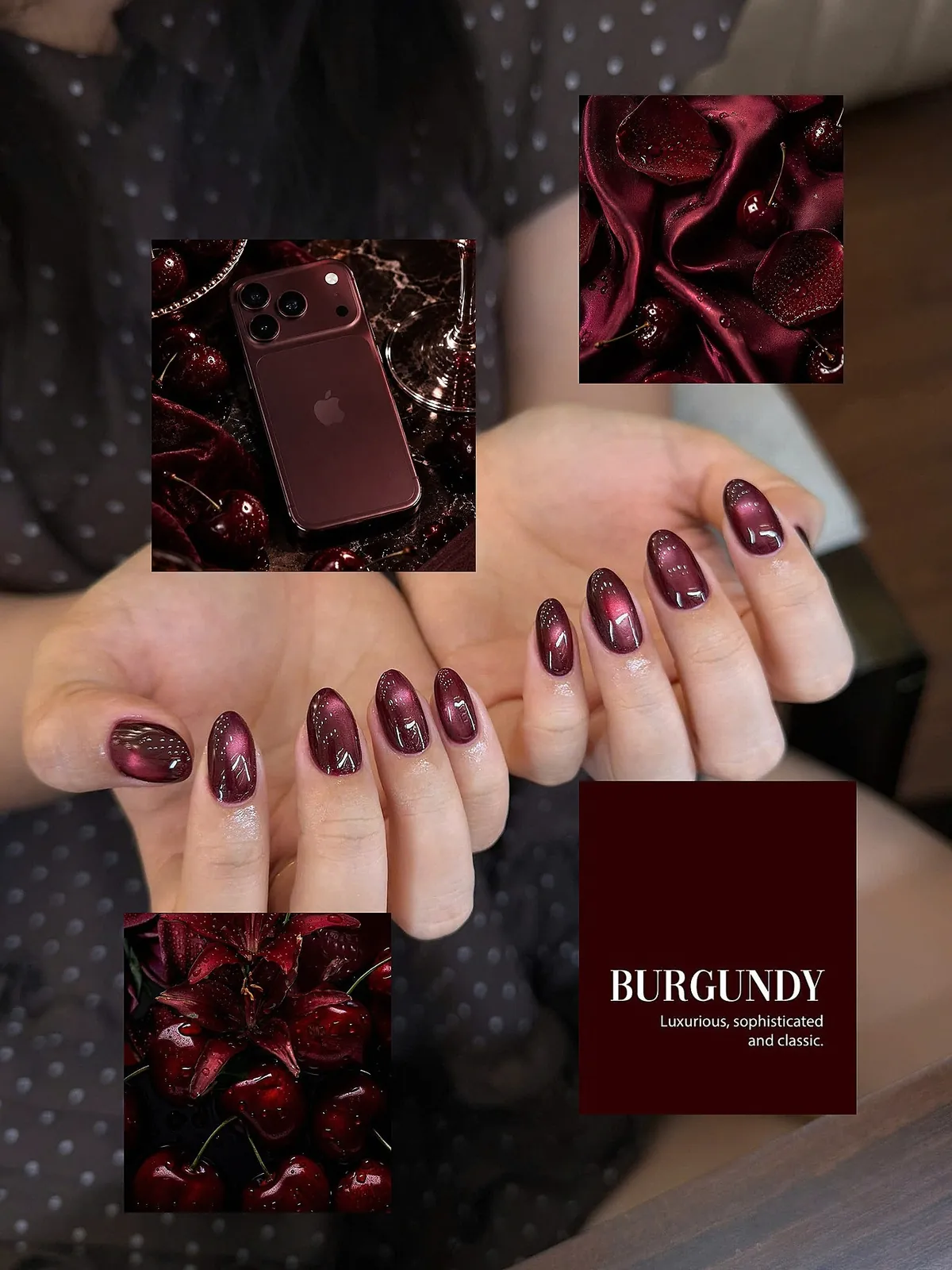 Mẫu nail burgundy đỏ rượu vang ánh kim xu hướng thu đông - NAIL BY THẢO Tân Phú & Tân Bình