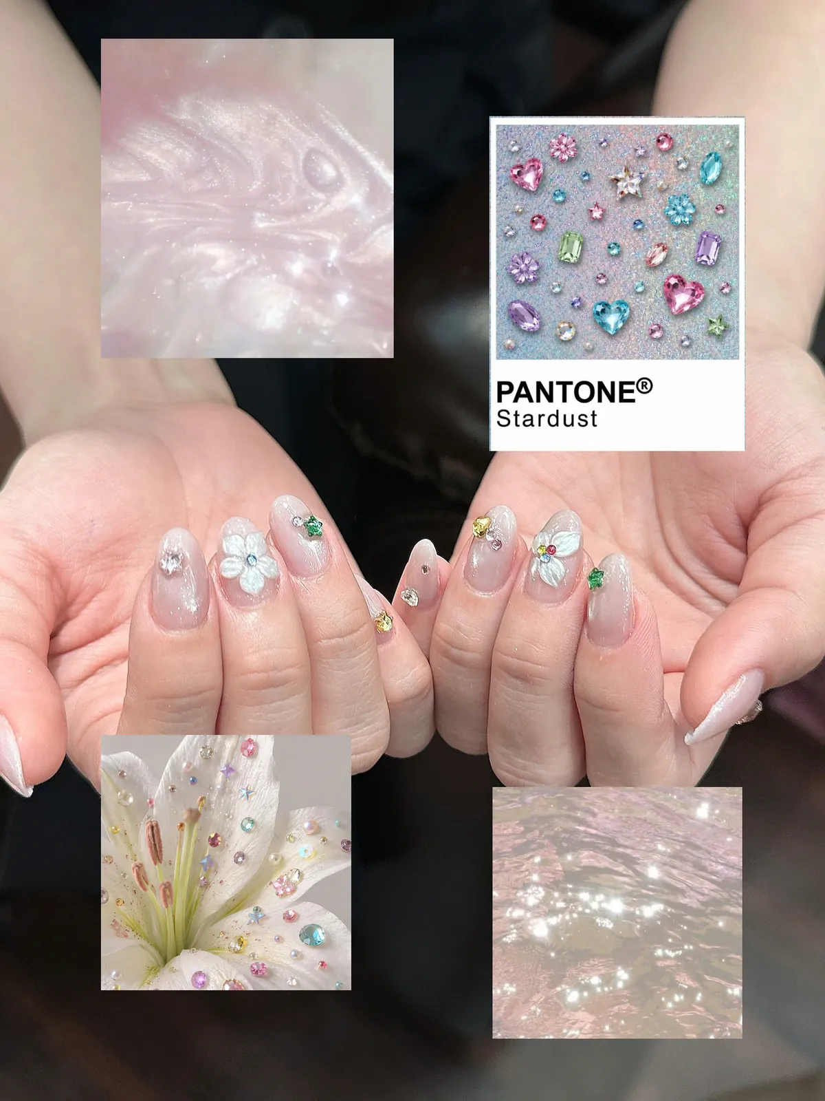 Mẫu nail mắt mèo hồng pastel hoa 3D đính đá nhiều màu - NAIL BY THẢO Tân Phú & Tân Bình